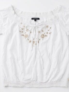 Concept White Peasant Blouse with Beige Floral Embroidery